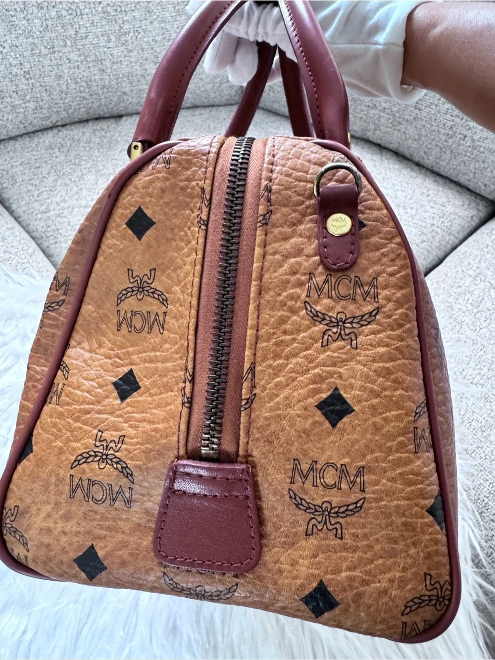 MCM Cognac Visetos Boston Bag